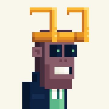 A pixel-art character with purple skin, teal teeth, and large golden antler-like protrusions on its head smiles against a white background, fittingly representing an NFT avatar given the post's reference to believing in NFTs.
