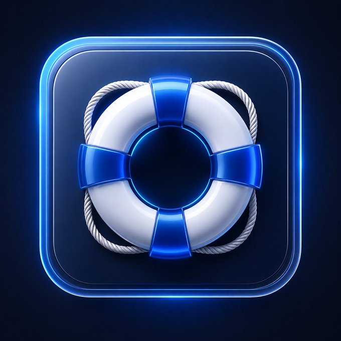 A glossy 3D app icon features a white and blue lifebuoy with a rope, displayed in a rounded square with a glowing blue neon border.