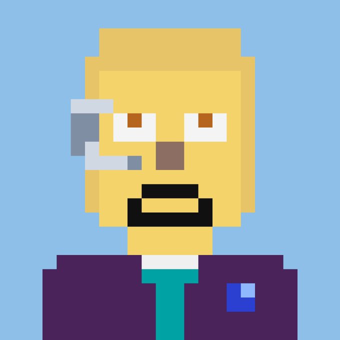 A pixel art portrait depicts a yellow-skinned character with a headset microphone, brown eyes, and a beard, wearing a dark purple suit jacket over a teal tie against a light blue background.