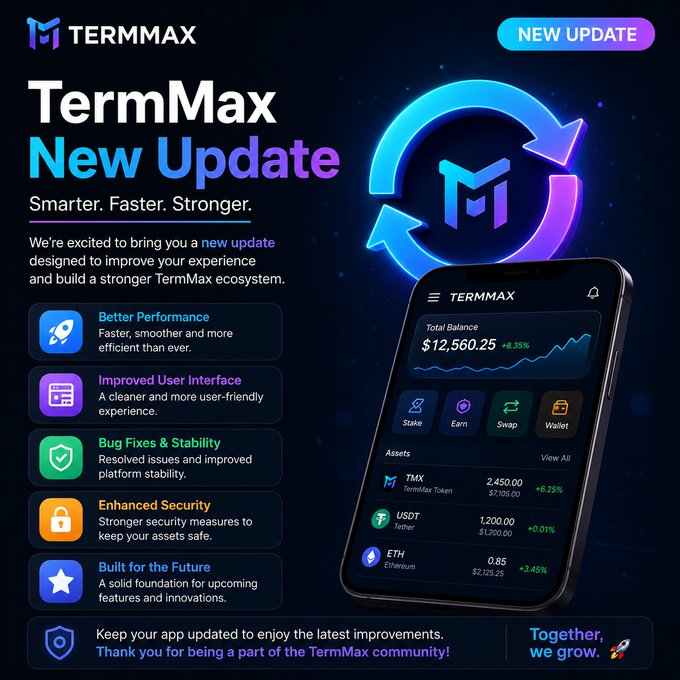 A promotional poster for 'TERMM New Update' advertising new features like Better Performance, Improved User Interface, Bug Fixes & Stability, and Enhanced Security, with a mockup showing a $12,560.25 balance and crypto assets (TMX, USDT, ETH).