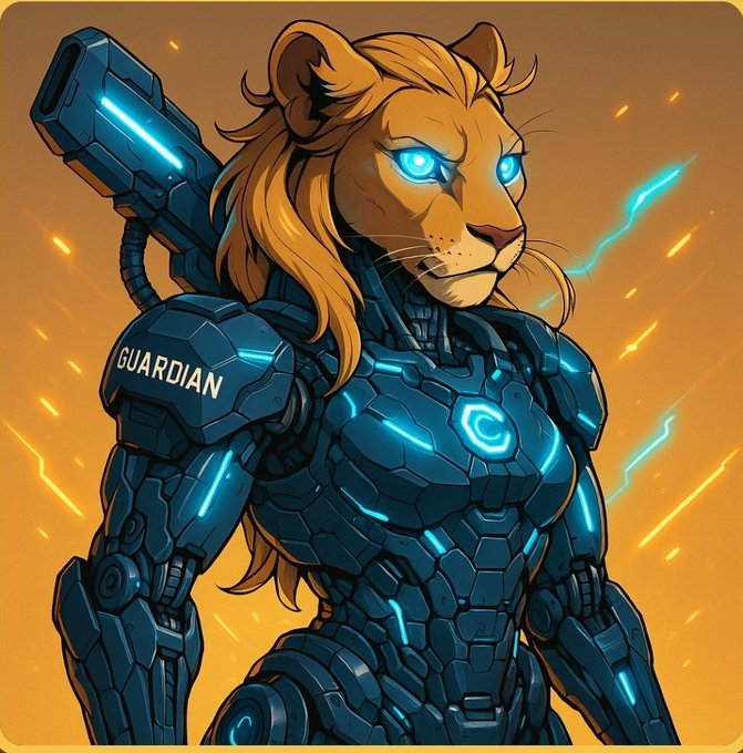 Digital illustration of an anthropomorphic lioness wearing futuristic blue and black armor labeled 'GUARDIAN' with glowing cyan eyes and accents.