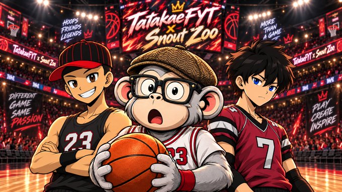 A promotional graphic titled 'TatakaeFYT x Snot Zoo' depicting three anime-style basketball players (including a monkey with glasses) with slogans like 'Hoops Friends Legends' and 'More Than A Game'.