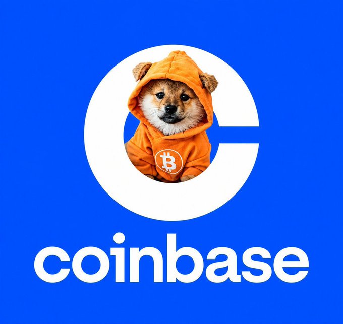 A Shiba Inu dog wearing an orange Bitcoin hoodie appears inside the Coinbase logo on a blue background, with "coinbase" written below.