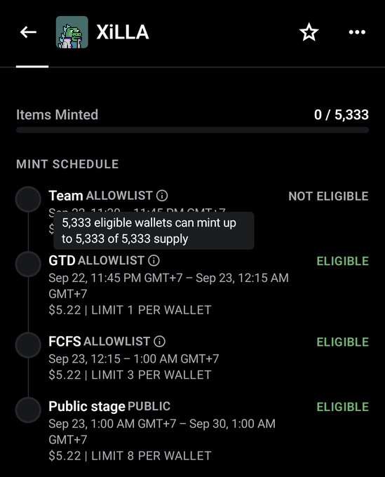 A mobile screen showing the 'XiLLA' NFT mint schedule, listing Team, GTD, FCFS, and Public stages with prices in dollars and GMT+7 timezones.