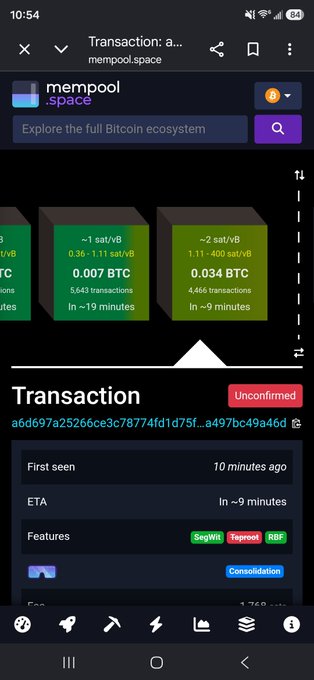A screenshot from mempool.space displaying an unconfirmed Bitcoin transaction (ID starting with "a6d697a25266ce3c78774fd1d75f...") showing 0.034 BTC consolidation with RBF, SegWit, and Taproot features, estimated to be confirmed in ~9 minutes. The image illustrates the white hat hackers' return of a portion of the stolen Bitcoin to the Liquid Federation, as referenced in the post.