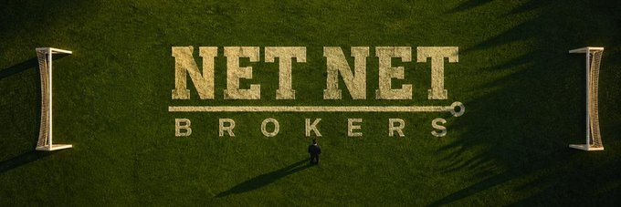 A graphic displays the text 'NET NET BROKERS' spelled out in sand or dirt on a green grassy field, with a small figure of a person standing below and stone pillars framing both sides of the composition.