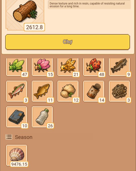 A screenshot of a mobile game inventory showing a wood log with 2612.8 quantity, a 'Check' button, and various fish, insects, and other items with their respective counts, plus a 'Season' section with a shell at 9476.15.
