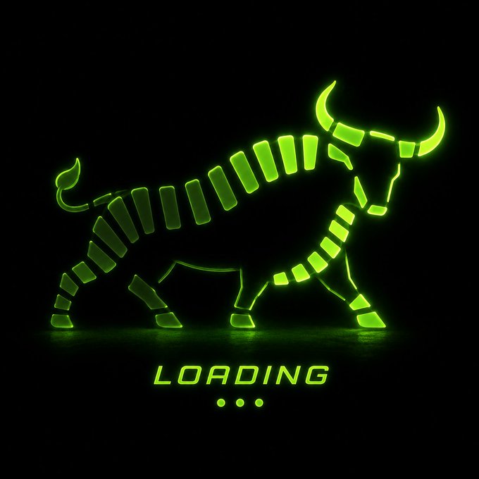 A minimalist digital graphic of a glowing green neon bull segmented into rectangular pieces on a black background, with the word 'LOADING' and three dots underneath.