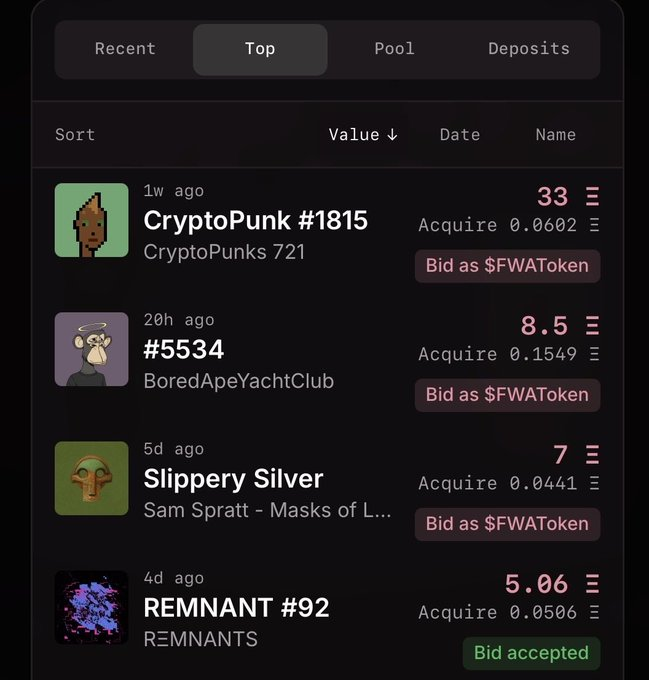 A dark-themed NFT marketplace interface showing listings for CryptoPunk #1815, Bored Ape YachtClub #5534, Slippery Silver, and REMNANT #92 with bid options for $FWAToken.