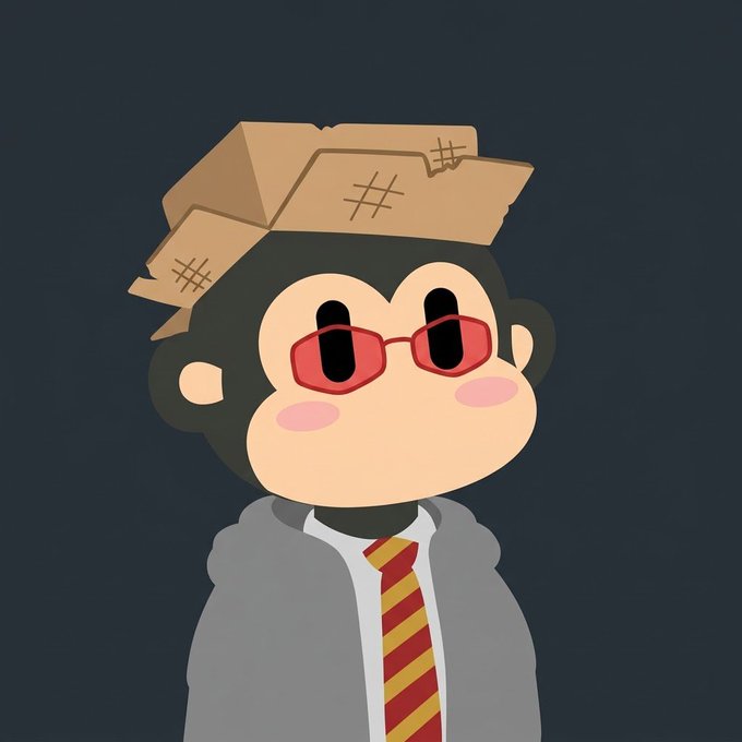 A cartoon illustration of a monkey character wearing red-tinted sunglasses, a gray hoodie, a red and yellow striped tie, and a cardboard box on its head, against a dark blue background.