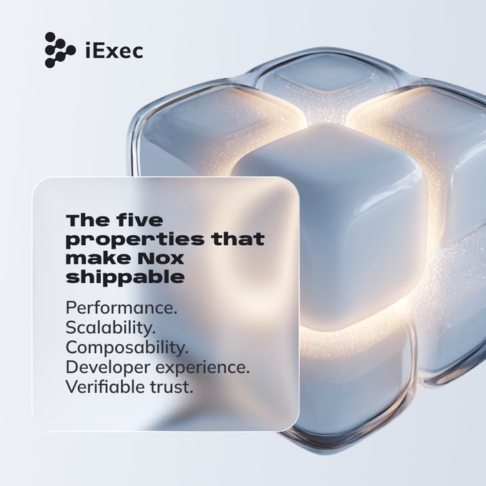 The image features a 3D rendering of a cube made out of glass blocks with a light shining through them, creating a visually striking effect. The text at the bottom of the image reads "→ The five properties that make Nox shipable. Performance, Scalability, Composability, Composibility, Developer experience: write standard Solidity." This suggests that the cube is designed to be used in conjunction with the Ethereum blockchain and can be utilized for various purposes related to cryptocurrency development or blockchain technology.
