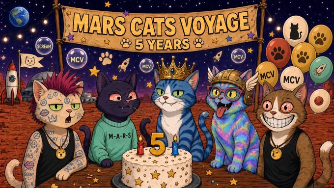 A colorful cartoon illustration titled 'MARS CATS VOYAGE 5 YEARS' featuring five stylized cats with crowns and hats in front of a space-themed background with a birthday cake displaying the number '5'.