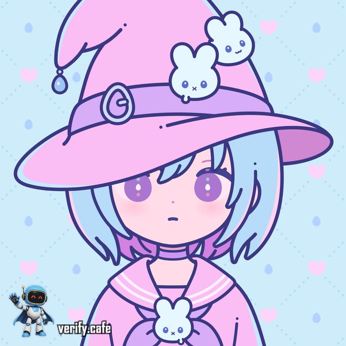 A pastel-colored digital illustration of an anime-style character with blue hair and purple eyes wearing a large pink witch hat adorned with cute cloud-like creatures, with 'verify.cafe' text and a small astronaut mascot at the bottom.