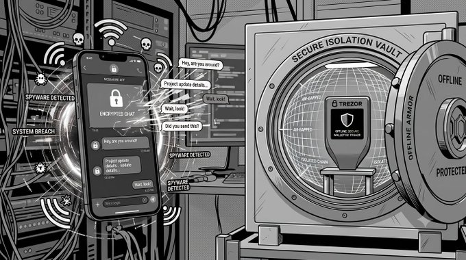 An illustration depicting a security concept showing an encrypted chat on a smartphone being threatened by spyware, contrasted with a 'Secure Isolation Vault' containing a Trezor hardware wallet shown as offline and protected.
