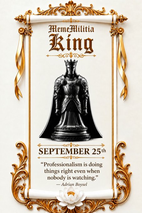 The image is a scroll-style graphic labeled "MemeMilitia King" featuring a crowned knight figurine, dated "SEPTEMBER 25th," and quotes Adrian Boysel: "Professionalism is doing things right even when nobody is watching."

The graphic visually reinforces the post's message about quietly building standards behind the scenes, with the knight imagery symbolizing steadfast dedication and integrity in the project's $STKR roadmap efforts.