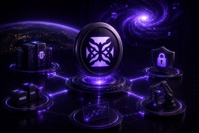 A futuristic purple-themed digital illustration featuring a central glowing emblem surrounded by connected platforms displaying server towers, a shield with lock, robotic arm, and 'NODE' labeled nodes against a cosmic galaxy background.