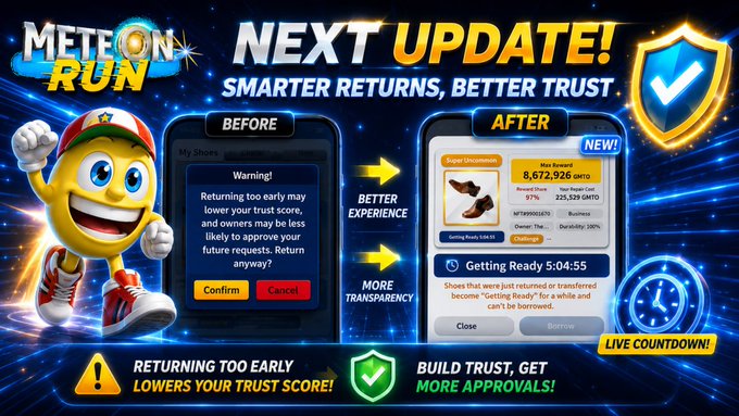 Promotional graphic for a 'Meteor Run' update featuring a yellow mascot character, showing before/after app screenshots with text 'NEXT UPDATE! SMARTER RETURNS, BETTER TRUST' and 'BUILD TRUST, GET MORE APPROVALS!'.