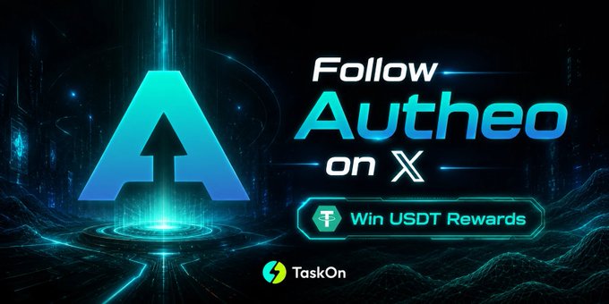 A promotional banner featuring the Autheo logo alongside text reading "Follow Autheo on X" and "Win USDT Rewards," with TaskOn branding at the bottom. The image visually supports a social media campaign inviting users to join an Autheo quest on TaskOn to win 300 USDT in rewards by August 26.