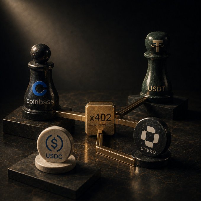 A chess piece marked "coinbase" stands opposite a "USDT" piece, connected by a gold "x402 Agent Payments" mechanism linking to "USDC" and "UTEXO" tokens—visually capturing how Coinbase's x402 protocol bridges its affiliated USDC stablecoin with competitor Tether's USDT for agent payments via Utexo.