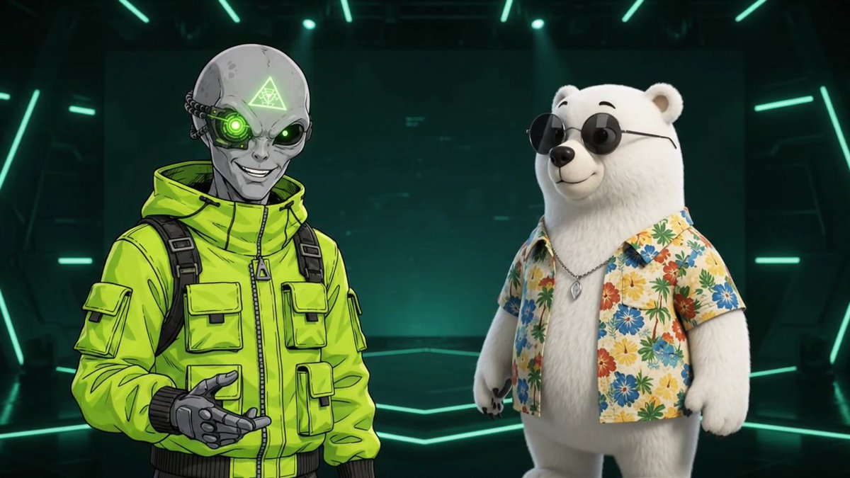 A digital illustration of a grey-skinned cyborg character with a glowing green eye and triangular forehead symbol wearing a neon green tactical jacket, standing next to a white polar bear wearing sunglasses and a tropical floral shirt.