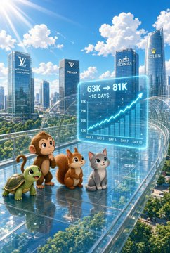 An animated illustration shows a monkey, squirrel, cat, and turtle sitting together while looking at a holographic display showing a rising graph labeled '63K -> 81K IN ~20 DAYS', set against a futuristic cityscape with logos resembling Prada, Louis Vuitton, and Ralph Lauren.
