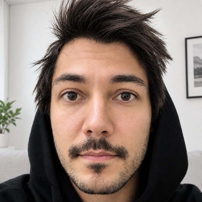Close-up selfie photo of a young man with messy dark hair, a light mustache and beard, wearing a black hoodie, with a potted plant and framed picture visible in the background.