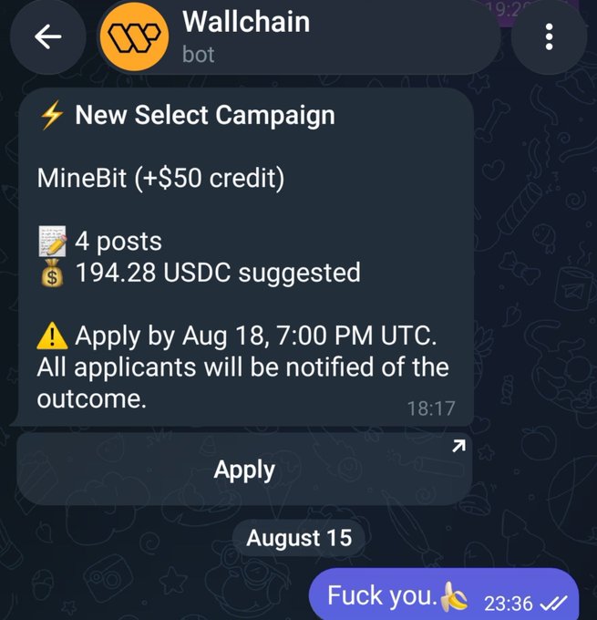 A Telegram message from Wallchain bot announces a new 'Select Campaign' for MineBit offering +$50 credit, 4 posts, and 194.28 USDC suggested, with a deadline of Aug 18, 7:00 PM UTC, followed by a user reply saying 'Fuck you.'