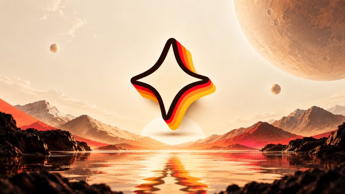 A four-pointed star logo rendered in the black, red, and gold colors of the German flag floats against a surreal alien landscape featuring a massive moon, twin celestial bodies, and red mountains reflected in a calm lake—visually evoking the "DEGENS" branding of the cryptocurrency launch promoted in the post.