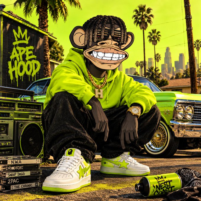An illustrated, stylized cartoon ape character wearing a neon green hoodie and Bape sneakers, with graffiti reading "APE HOOD" and references to "N.W.A", "Dr. Dre", "Snoop Dogg", "2Pac", and "The Chronic".