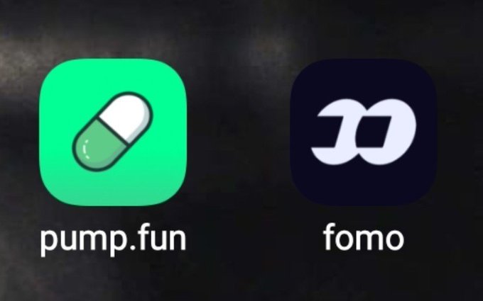 Two app icons displayed side-by-side against a dark background: a green pill icon labeled 'pump.fun' and a black icon labeled 'fomo'.