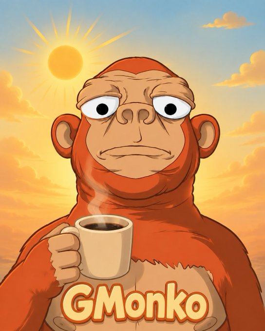 A cartoon illustration of a red gorilla character holding a steaming coffee mug against a sunny sky backdrop, with the word 'GMonko' displayed prominently at the bottom.