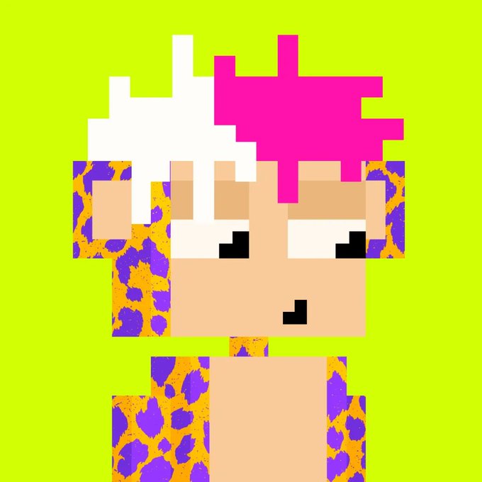 A pixel art character on a bright green background, featuring peach-colored skin, a purple and yellow leopard-print outfit, and a white and pink spiky hairstyle.
