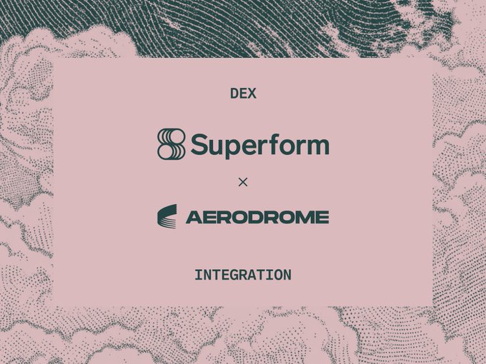 A promotional graphic announcing a DEX integration between Superform and Aerodrome, set against a pink cloud-patterned background, aligning with the post's tagline about "Stocks onchain" being powered by Aerodrome.