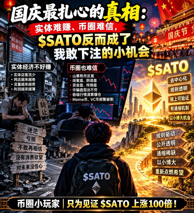 A promotional poster in Chinese featuring $SATO, with text about National Day, a struggling real economy, and the token potentially rising 100x, showing the Ethereum logo and a person looking at a cityscape.