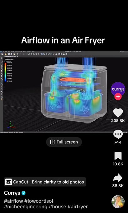 A TikTok screenshot from Currys showing a 3D engineering simulation titled 'Airflow in an Air Fryer' with hashtags #airflow #flowcortisol #nicheengineering #house #airfryer.