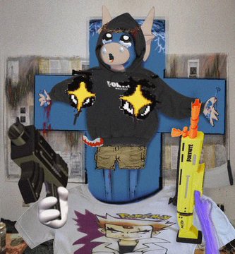 A surreal AI-generated image showing a character in a dark hoodie with horned ears, holding a yellow toy gun, with cartoon hands and distorted faces surrounding it.