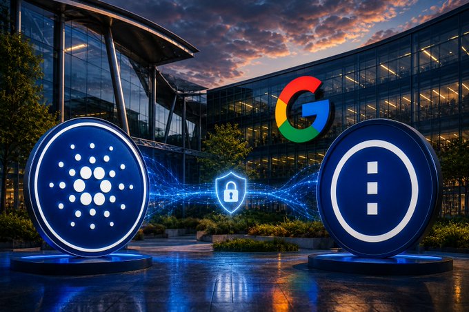 The image shows two large blue circular cryptocurrency tokens flanking a Google logo against a modern glass office building backdrop at sunset, with a glowing padlock shield icon between them symbolizing security. The post's bullish sentiment on "Midnight" likely refers to one of the displayed tokens, suggesting a major partnership or security-focused collaboration with Google.