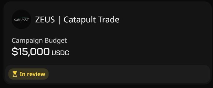 A campaign card for "ZEUS | Catapult Trade" displays a $15,000 USDC campaign budget with an "In review" status, matching the post's announcement of Wallchain's Select event offering $15,000 in total rewards for communities focused on AI, trading, and on-chain tools.