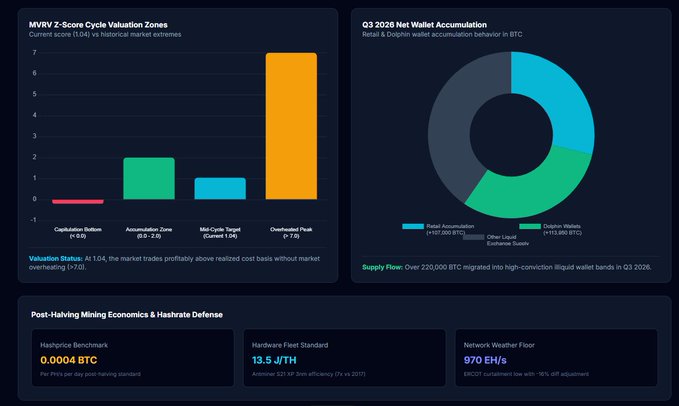 A crypto analytics dashboard displaying Bitcoin's MVRV Z-Score at 1.04 within the "Accumulation Zone" (0.5-2.0), alongside a donut chart showing Q3 2026 net wallet accumulation split between Retail (+107,000 BTC) and Dolphin wallets (+115,000 BTC), and post-halving mining economics including a hashrate benchmark of 0.0004 BTC, hardware fleet standard of 13.5 J/TH, and network weather floor of 970 EH/s.