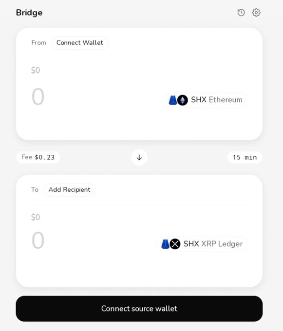 The image shows a cross-chain bridge interface for transferring SHX tokens from Ethereum to XRP Ledger, displaying a fee of $0.23 and an estimated time of 15 minutes. This visually demonstrates the new interoperability capability mentioned in the post, where $SHX can now be bridged between Ethereum and the XRPL EVM Sidechain via Axelar's launch, expanding cross-chain utility for the XRP ecosystem.