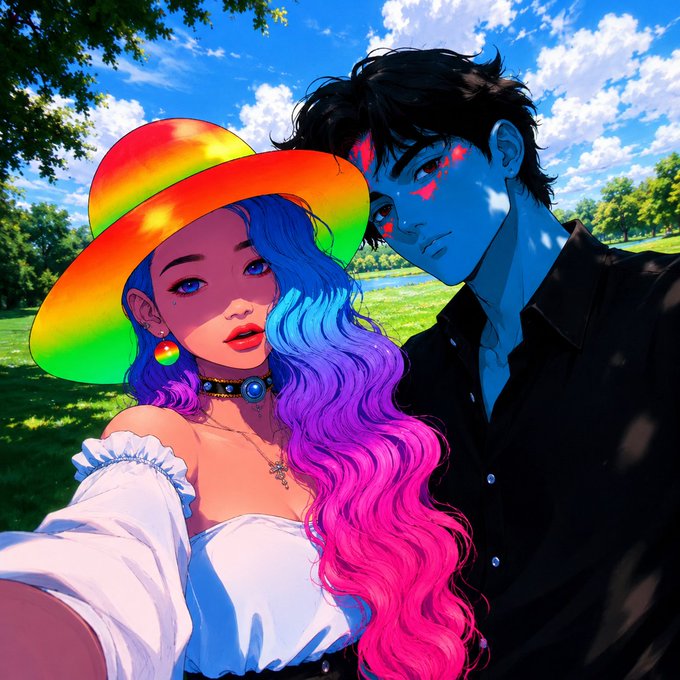 A vibrant anime-style portrait shows a couple taking a selfie, featuring a woman with rainbow hair and a neon hat alongside a blue-skinned man with red markings.