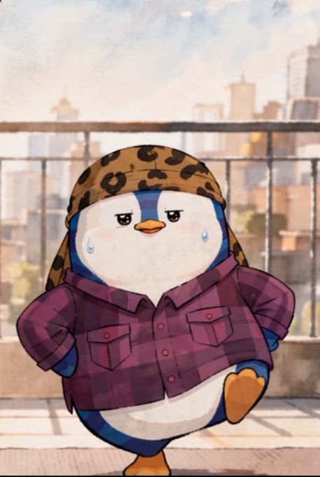 A chubby, teary-eyed cartoon penguin wearing a leopard-print bandana and a purple plaid shirt stands on a balcony overlooking a city skyline, capturing the exhausted but resilient spirit of someone holding onto their investments while others panic-sell. The penguin's weary expression and lone stance perfectly embody the determined solitude of a crypto "hodler" weathering the market's turbulence.