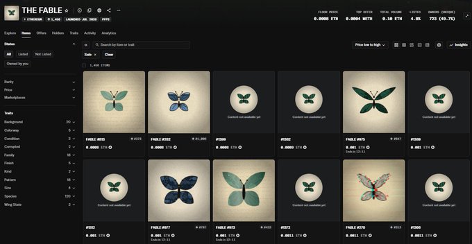A screenshot of the "THE FABLE" NFT marketplace on Ethereum displaying various butterfly and moth collectibles, with visible prices in ETH and floor prices like "#101 (6.388 ETH)" and "#151 (6.398 ETH)." The interface shows "DegenMint" as the site name and several items listed at high ETH prices, aligning with the post's mention of paid minting for degen play in #FABLE NFT collectibles.