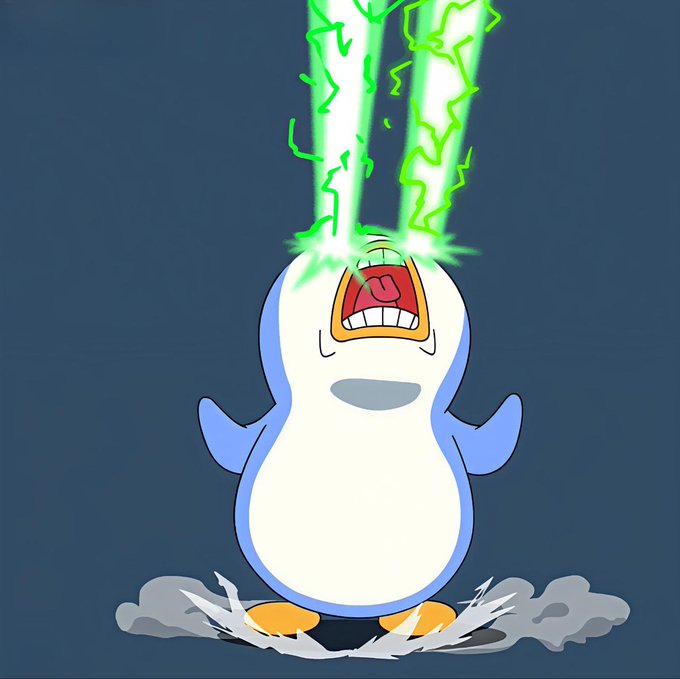 A cartoon illustration of a screaming penguin-like character shooting green laser beams from its eyes against a dark blue background.