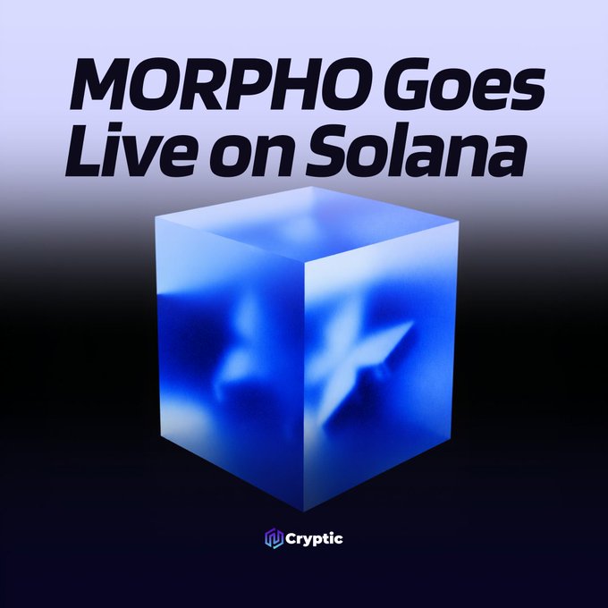 A promotional graphic reading "MORPHO Goes Live on Solana" features a glowing blue cube with an X-shaped design against a dark gradient background, with the "Cryptic" logo displayed at the bottom. The visual supports the announcement of Morpho's lending protocol expanding to Solana via Sunrise, symbolizing the integration with a sleek blockchain-themed cube.