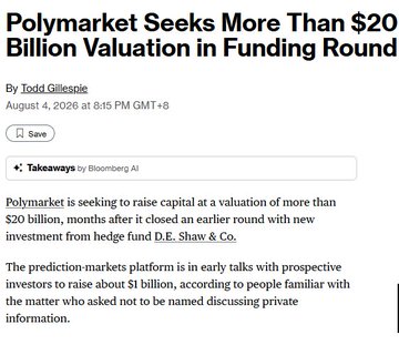 This image is a screenshot of a Bloomberg article detailing Polymarket's pursuit of over $20 billion in a funding round, directly supporting the post's premise about the rapid growth and upcoming token launches of prediction market platforms.