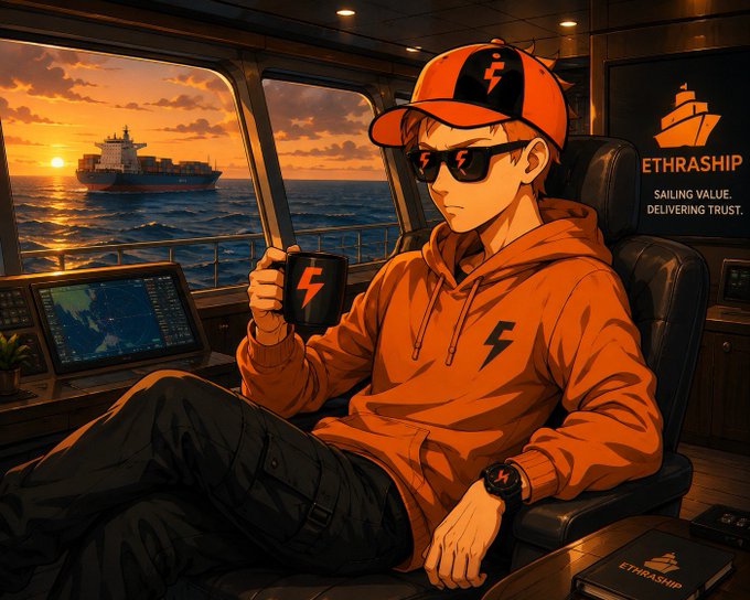 A young man in an orange hoodie, sunglasses, and cap sips coffee inside a ship's bridge, with a container ship visible through the window at sunset and a sign reading "ETHRASHIP - SAILING VALUE, DELIVERING TRUST."

The image visually reinforces the post's point about EthraShip's real-world shipping foundation, depicting the literal bridge of a working vessel alongside the brand's tagline to emphasize tangible maritime operations rather than a token-first approach.