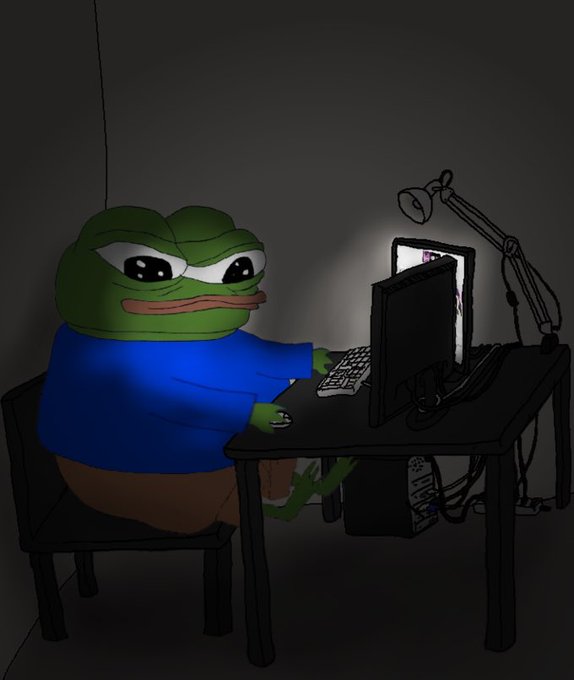 A Pepe the Frog cartoon character sits at a dimly lit desk illuminated by a desk lamp, typing on a keyboard while using a computer monitor. The image relates to the post by depicting someone actively working at a computer, likely illustrating the concept of earning money through quoting and trading on HIP-4 markets as described.
