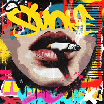 Vibrant pop-art style illustration featuring yellow graffiti-style lettering above a woman's lips holding a lit cigarette, set against a colorful, chaotic background.