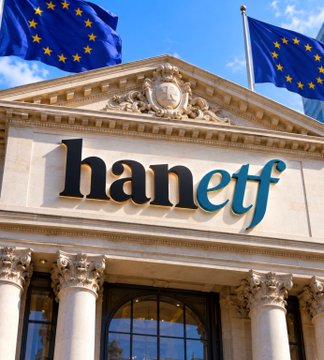 The image shows a grand neoclassical building facade featuring the "hanetf" logo prominently displayed in dark lettering above the entrance, with two European Union flags flying on either side, symbolizing HanETF's European focus. This aligns with the post announcing HanETF's launch of the world's first Euro-hedged Bitcoin fund for European investors.